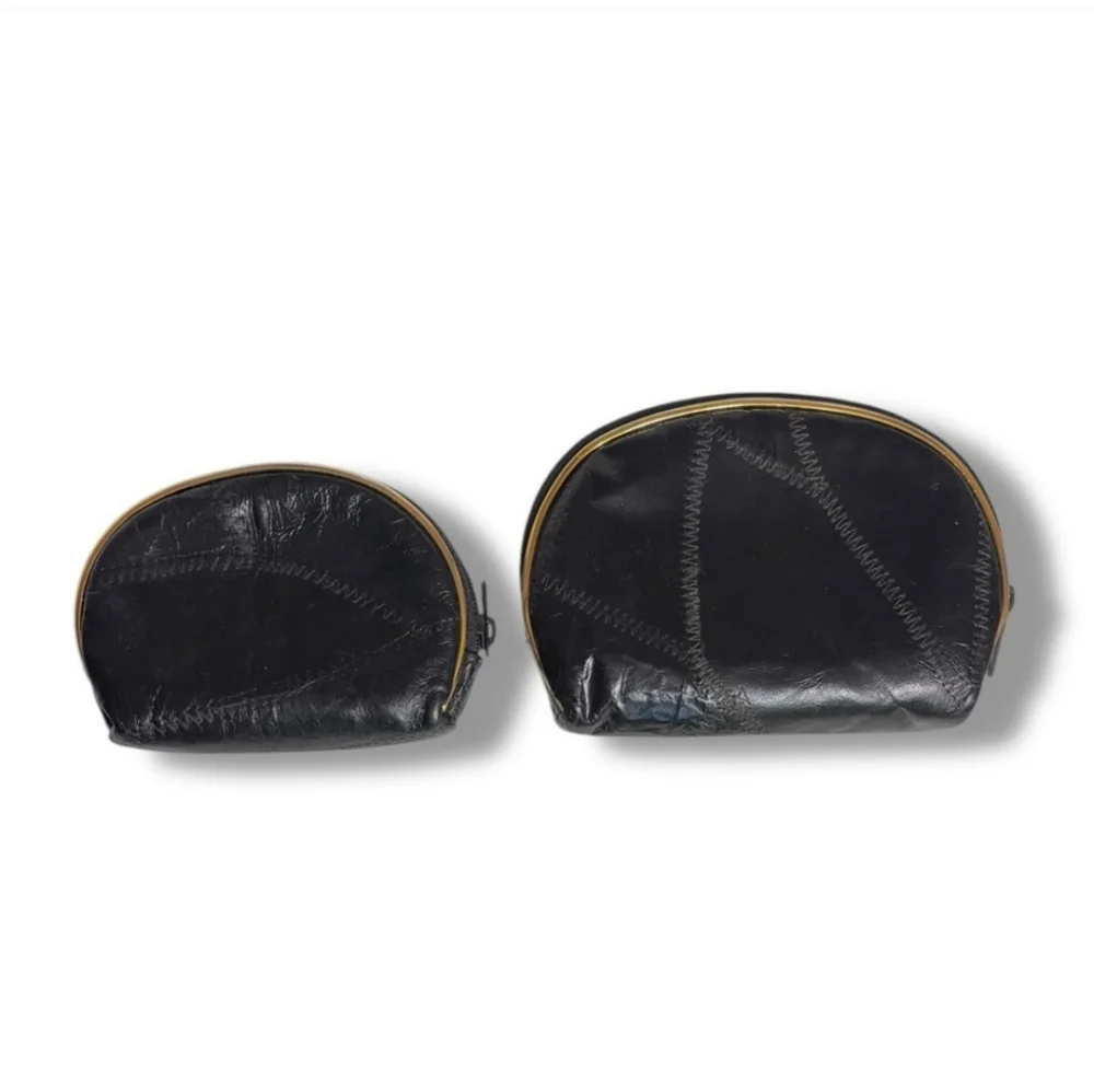 ALLAN EDWARDS by Studio Imports Black Patchwork Leather Zip Pouches Set of Two
